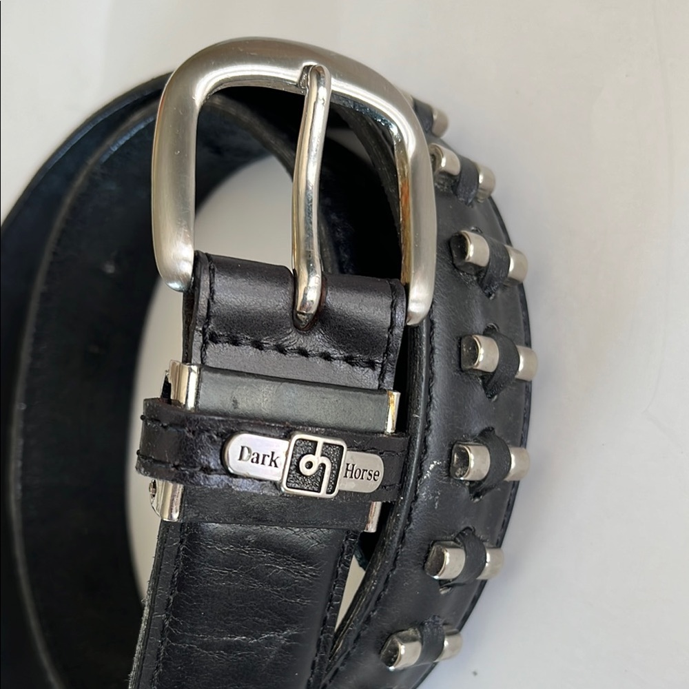 Dark Horse black studded belt silver buckle, silver studs stamped logo 40”